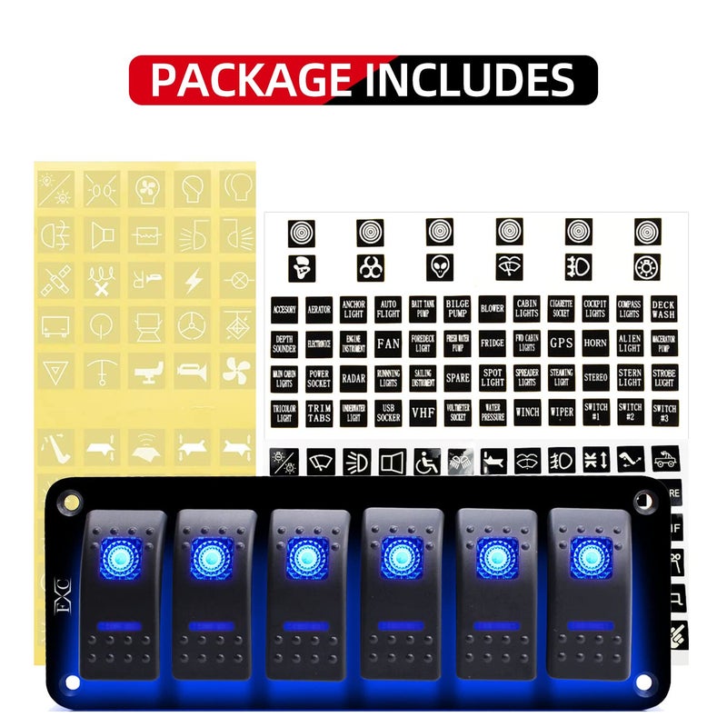 FXC Rocker Switch Aluminum Panel 6 Gang Toggle Switches Dash 5 Pin ON/Off 2 LED Backlit for Boat Car Marine Blue - Image 3